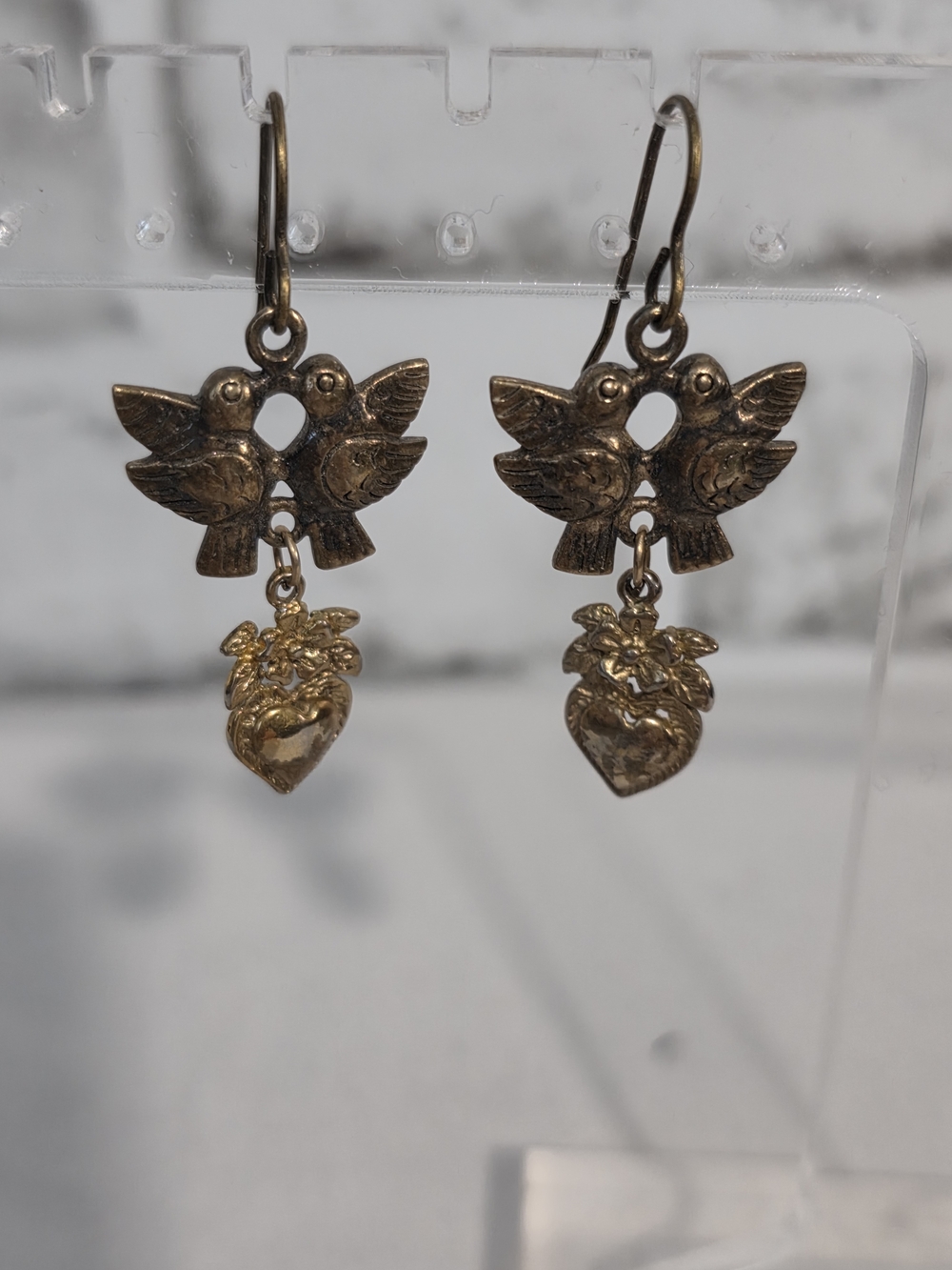 Vintage-Inspired Gold Dove and Heart Drop Earrings